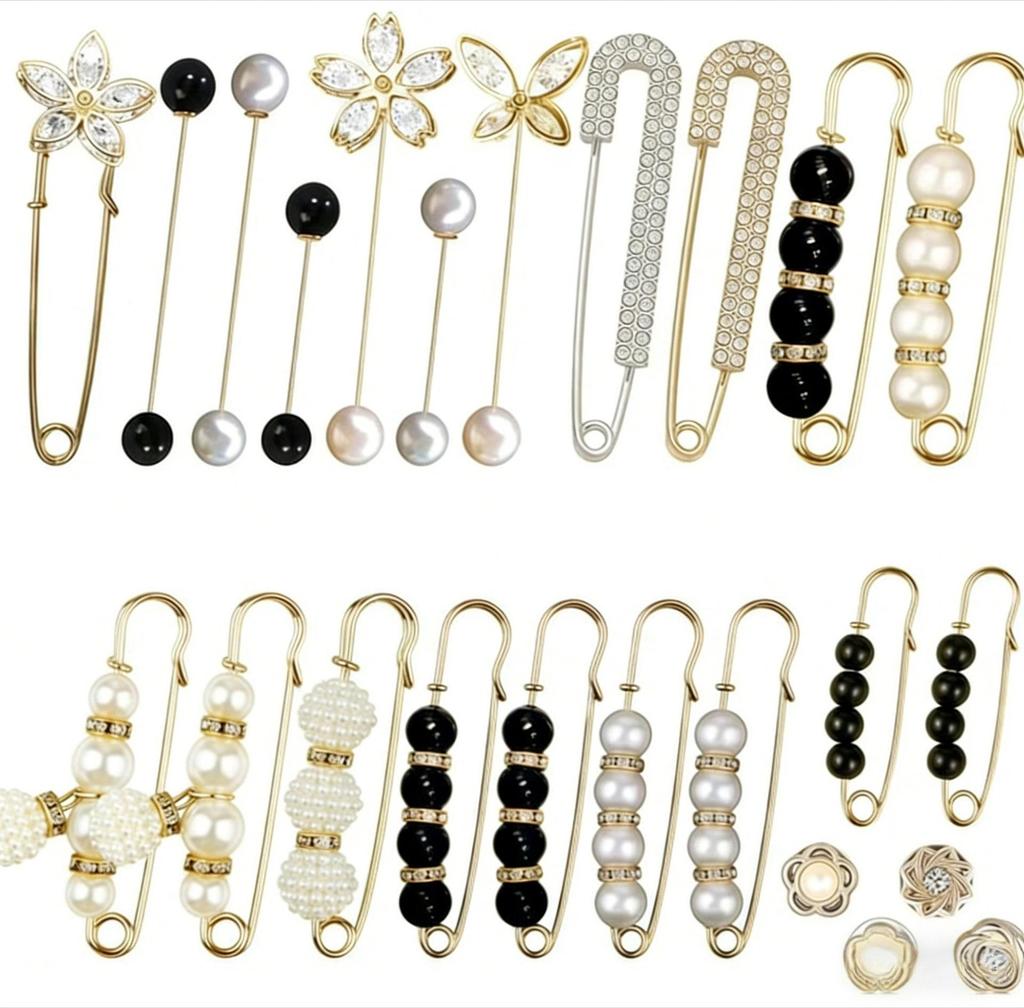 Adjustable Pearl Brooch Set for Waist Tightening and Clothes Fixing