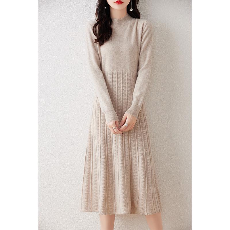 Elegant Merino Wool Women's Bodycon Knit Dress - New Style with Half High Neck and High Waist Design