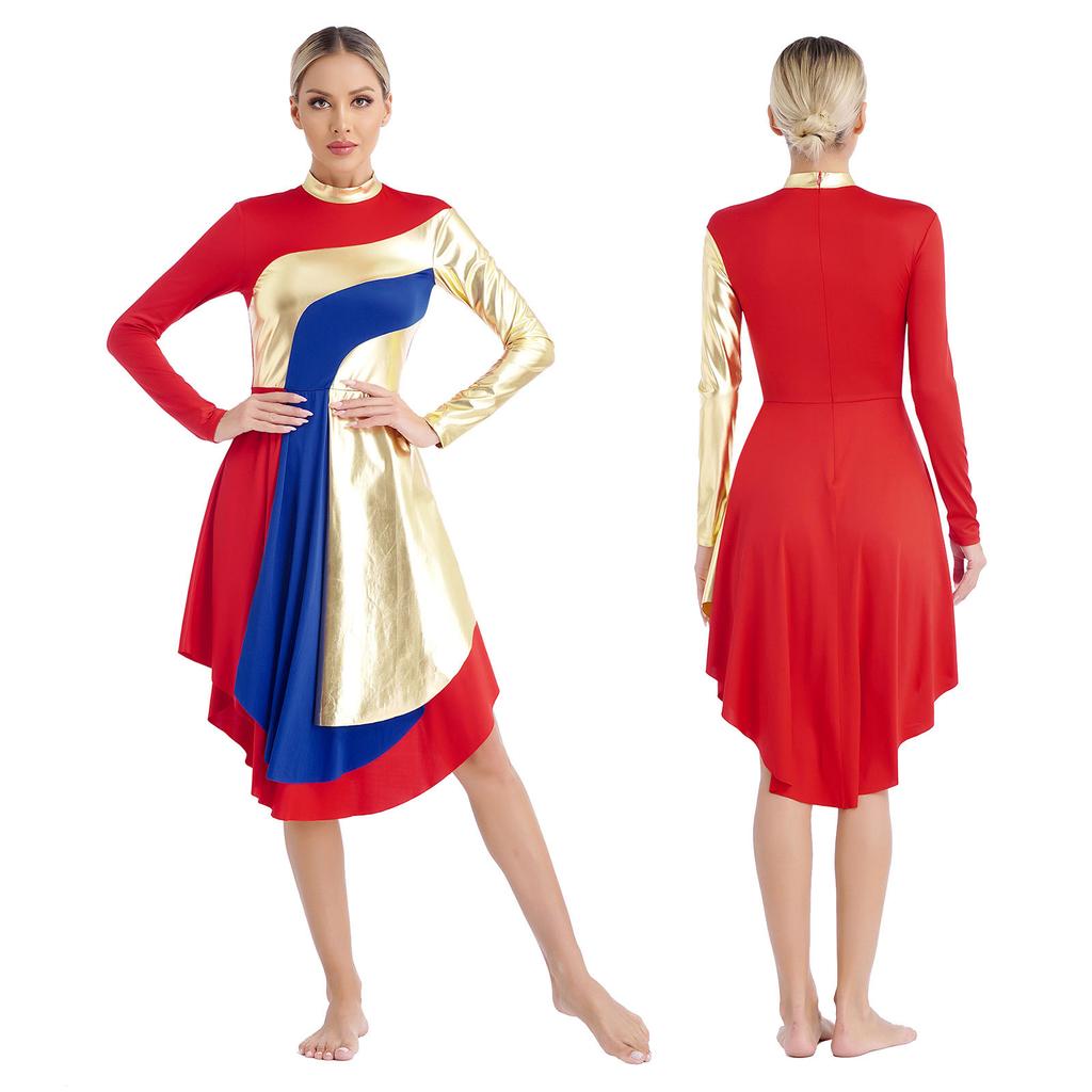 Women Color Block Liturgical Praise Dance Dress Church Worship Costume Lyrical Irregular Hem Dancewear