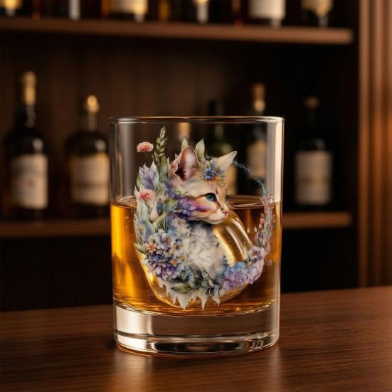 Cute Cat Floral Glass, Juice Coffee Cup, Milk Tea Glass Mug, Artistic Whiskey Coffee Mug for Home Bar, Gift for Cat Lovers