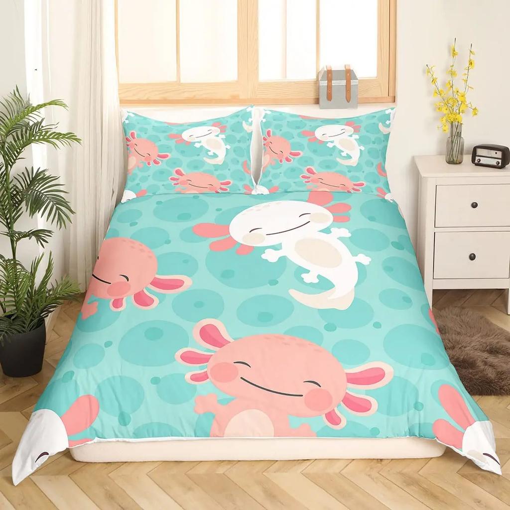 Axolotl Bettbezug Set Rosa Molch Wildtier Bettdeckenbezug mit Kissenbezügen Cartoon Oktopus Tier Kawaii Stil Einzelbett-Bettbezug