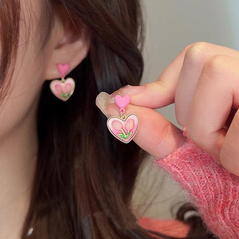 IF ME Retro Vintage Pink Heart Flower Earring for Women Korean Stud Earrings Accessories Jewelry Gifts