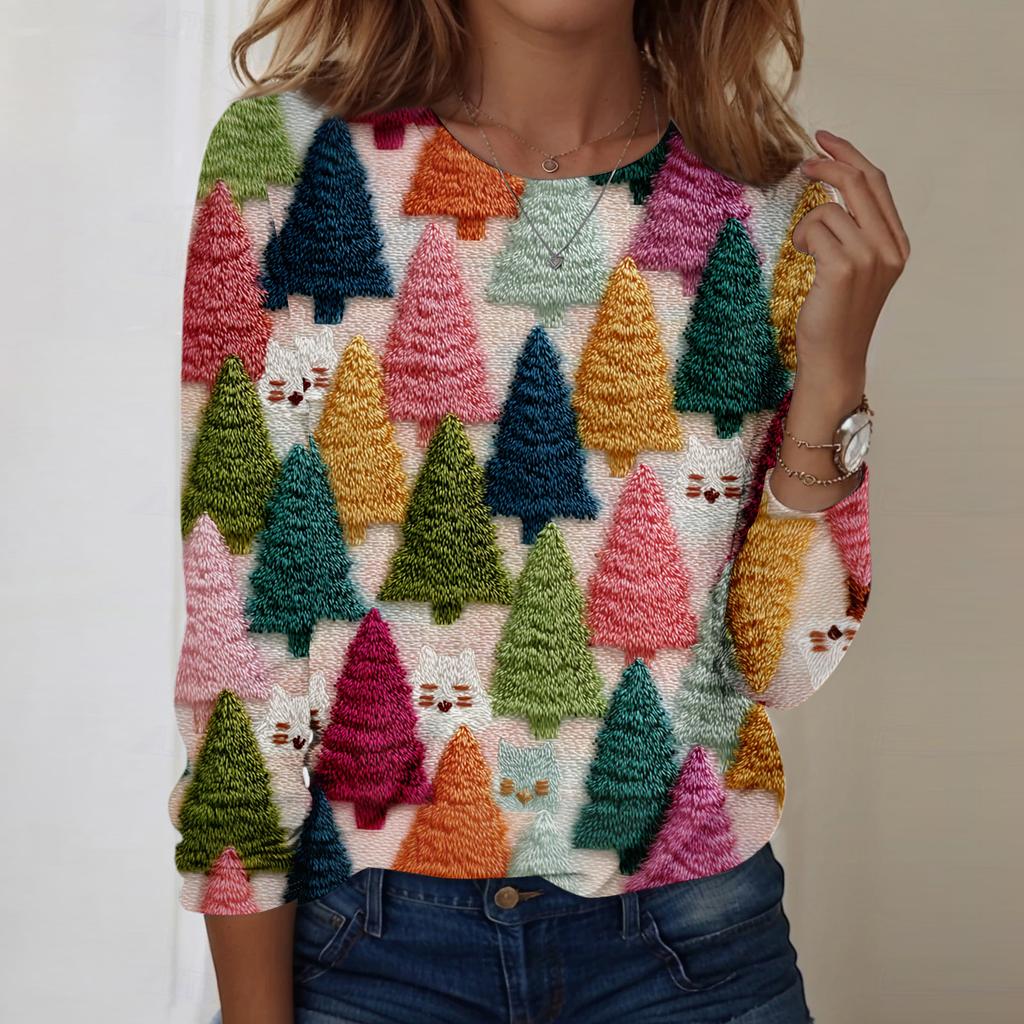 Women's Fashion Casual Long Sleeve Christmas Printed Round Neck Top