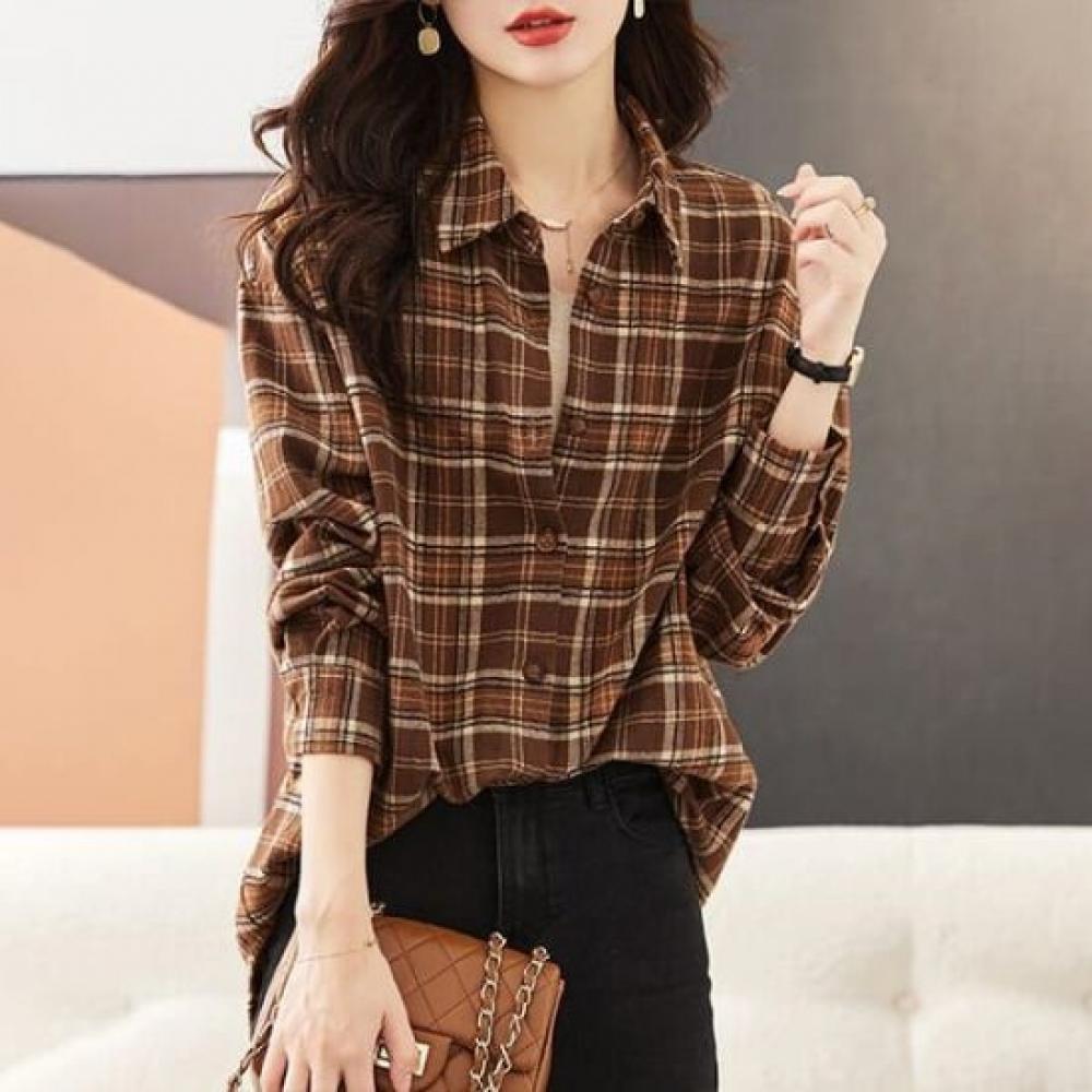 Navava Women Retro Check Long Sleeve Shirt Nb2980