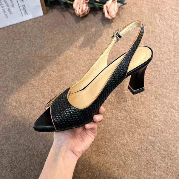 

Genuine Leather Fish Mouth High Heel Sandals - 2025 Summer Women s One-Strap Buckle in New Color Block with Soft Sole 37 чёрный