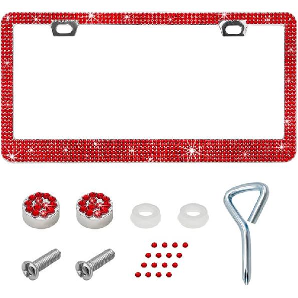 Car License Plate Frame, Sparkling Stainless Steel Auto License Plate Frame With Rhinestones, Bling Diamond License Plate Holder, Universal Exterior