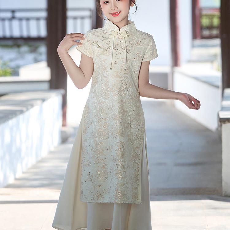 Girls' Chinese Style Evening Dress - Summer Cheongsam for Performances and Birthdays.