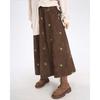 Floral Embroidery Corduroy Skirt Women Elastic Waist A Line Loose Casual Mid Calf Skirt Female Classy Mujer Solid Color Skirt