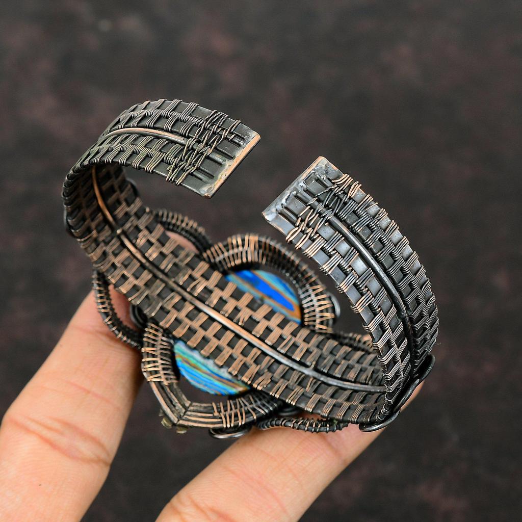 Rainbow Calsilica Cuff Bracelet Copper Wire Wrapped Gemstone Bangle Handmade Jewelry Adjustable Cuff Bracelet Copper Jewelry Engagement Gift