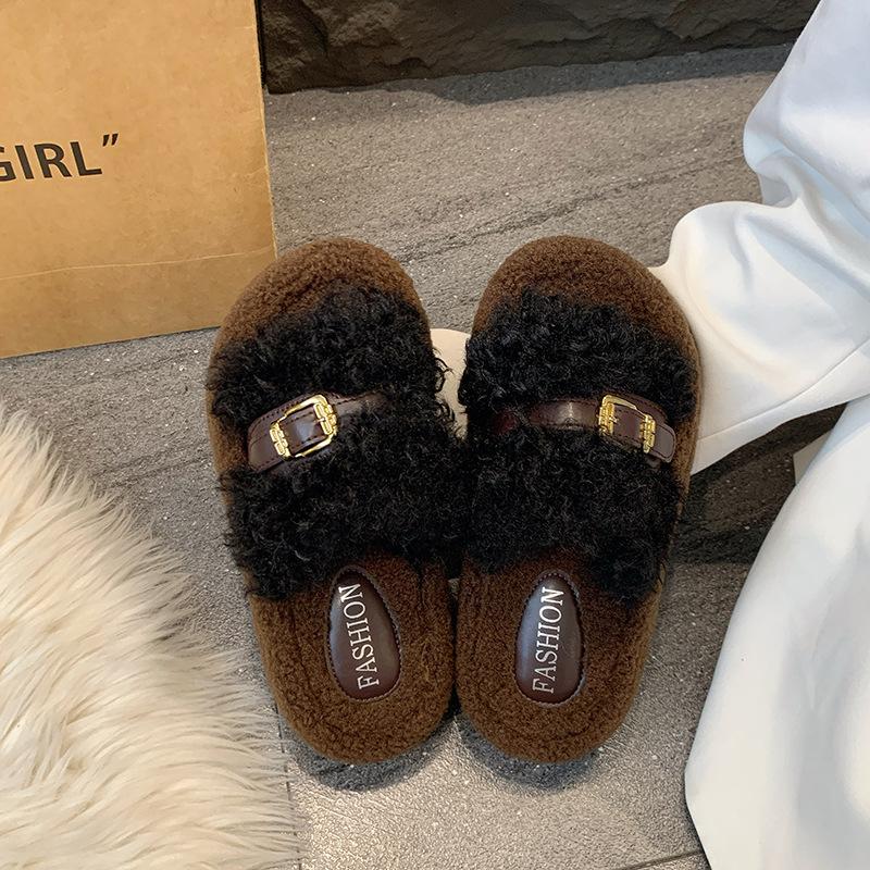 Women's trendy fluffy slippers women's autumn and winter outer wear 2025 new high-end skirt thick-soled lamb plush cotton slippers