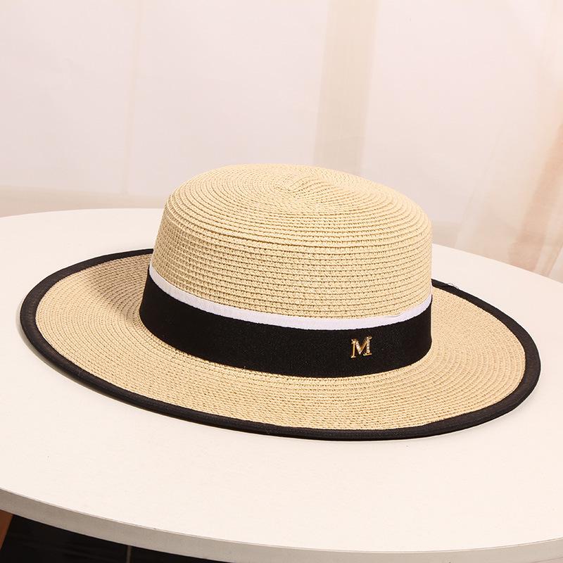 Women's Summer Outing On The Beach Sun Shading Sun Protection Straw Hat  Woven Flat Top British Top Hat