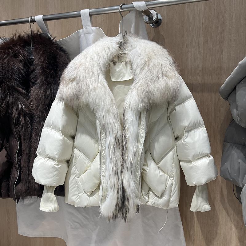 Winter new luxury raccoon hair big fur collar down jacket women's short loose thickened warm fur jacket women