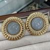 Medieval Vintage Round Earrings, Retro Metal Edge Resin Gemstone Stud Earrings, Niche High-End Earrings
