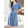Summer Slim Fit Denim Dress Casual Short Sleeve Waist Tie Womens Fashion Lightweight and Comfortable Stylish Outfit