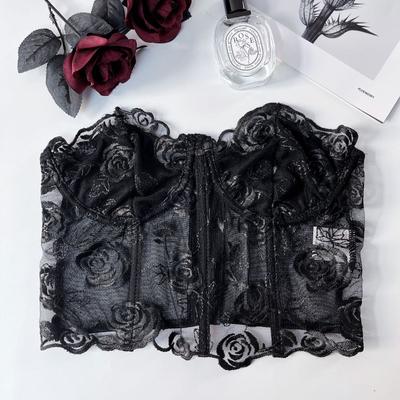 White Rose Embroidered Mesh Corset Top Strapless Sweetheart Bustier Crop Top