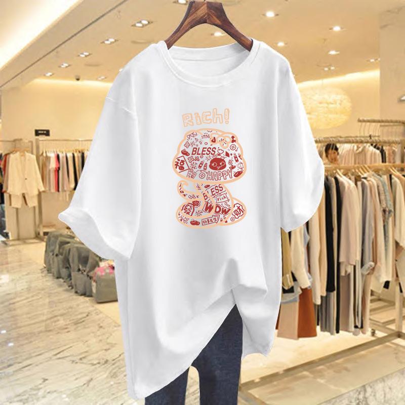 

Cotton short-sleeved t-shirt women s summer new loose medium and long printed top casual new bottoming shirt S