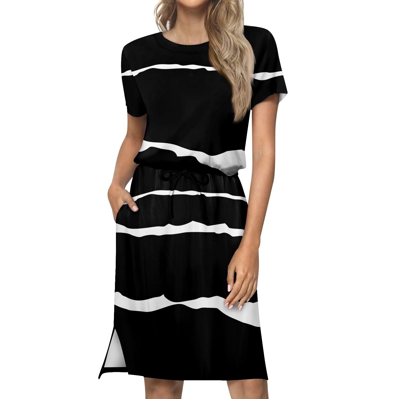 

Женское модное свободное повседневное однотонное платье с короткими рукавами и карманами с завязками XL зебра