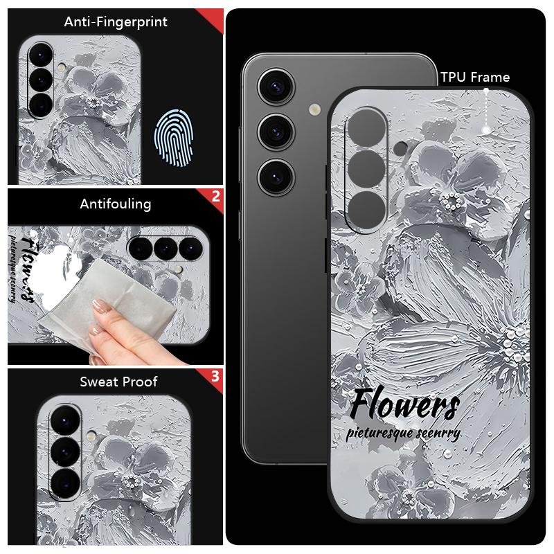 Custodia morbida con motivo floreale ad olio per Samsung S24 S23 S22 Ultra S21 S20 FE A55 A54 A35 A34 S25 S26 con cinturino Lanyard Protezione lente antiurto Cover per telefono
