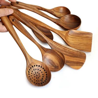 Vintage Natural Solid Wood Kitchen Cooking Tools With Long Handles For Home Asian Restaurant Healthy And Non-Toxic