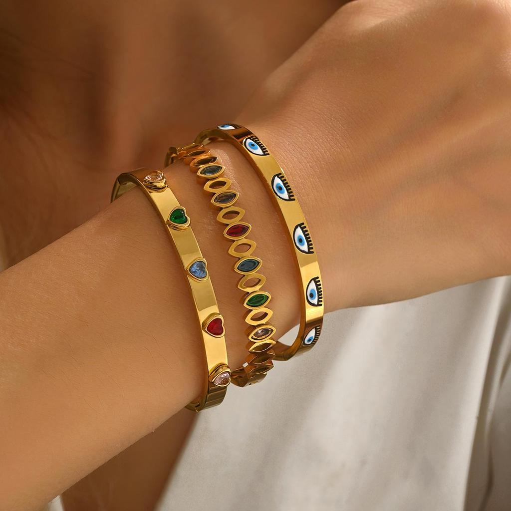 Geometric Gold & Gem Heart Bracelet Set for Women - Stackable Stainless Steel Evil Eye Jewelry