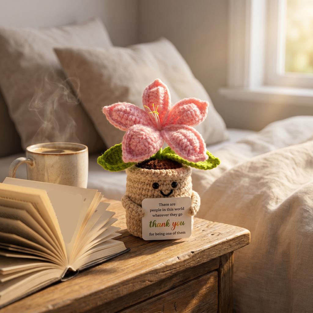 Hand Knitted Bouquet in Pot with Uplifting Sentiment Card - Artificial Plant Home Decor