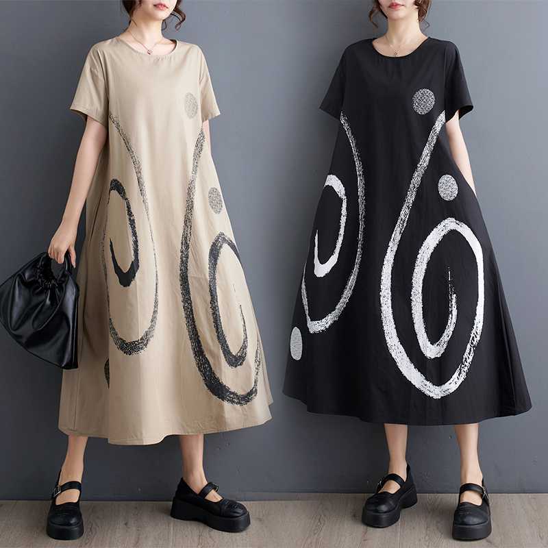 Summer Women's Loose Plus Size Printed Round Neck Mid-Length Literary Vintage Dress
