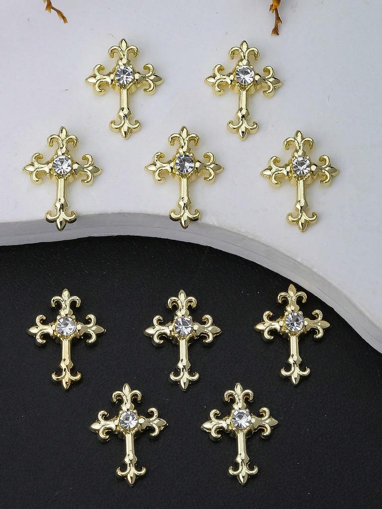 10pcs Gold SilverCross Nail Charms 3D White Pink Rhinestones Nail Art Decorations DIY Nail Gems Nail Supplies