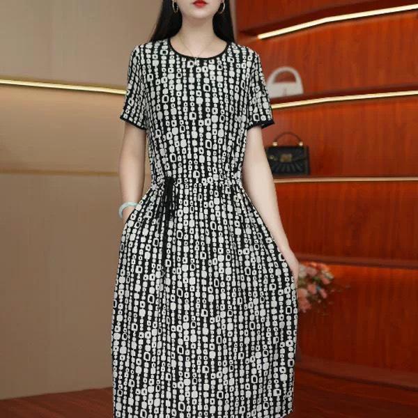 2026 Summer European & American Style Women's Multi-Color Printed High Waist Dress with Round Neck & Short Sleeves