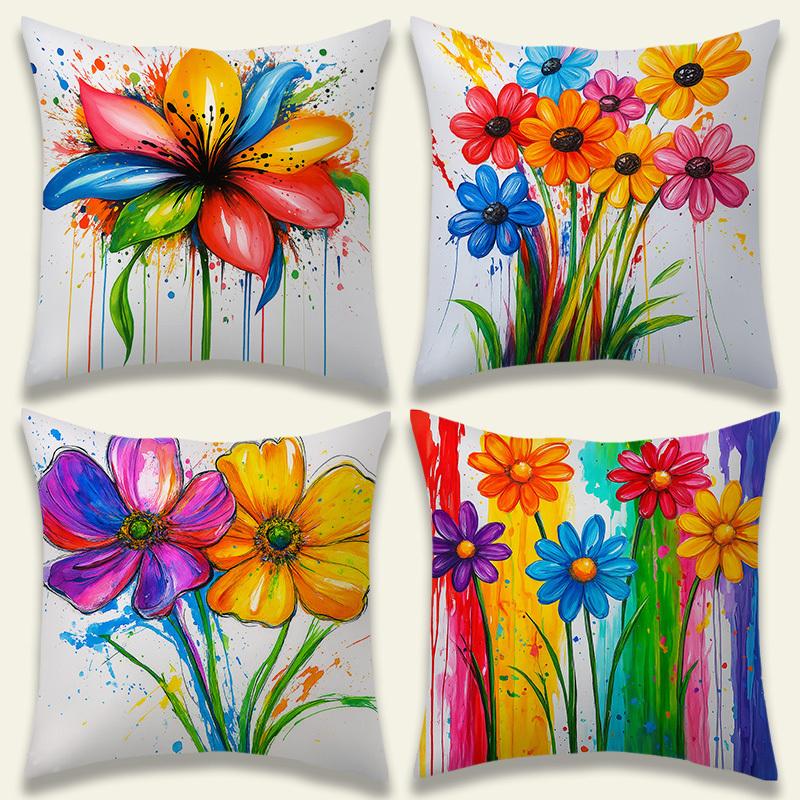 4 Stück bunte Splash-Paint-Blumen-Kissenbezüge, Lebendige beidseitig bedruckte Kissenhüllen, Energetische Boho-Wohnkultur