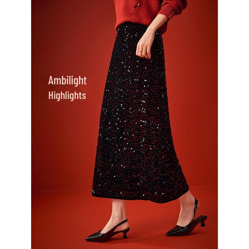 Women's Sparkling Sequin Velvet High-Waist Midi Skirt