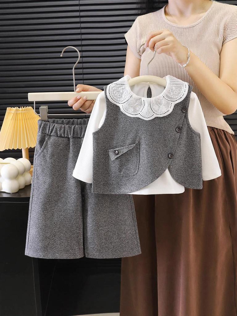Girl's Korean Chic Tweed Vest Three-Piece Set for Spring/Autumn 2026
