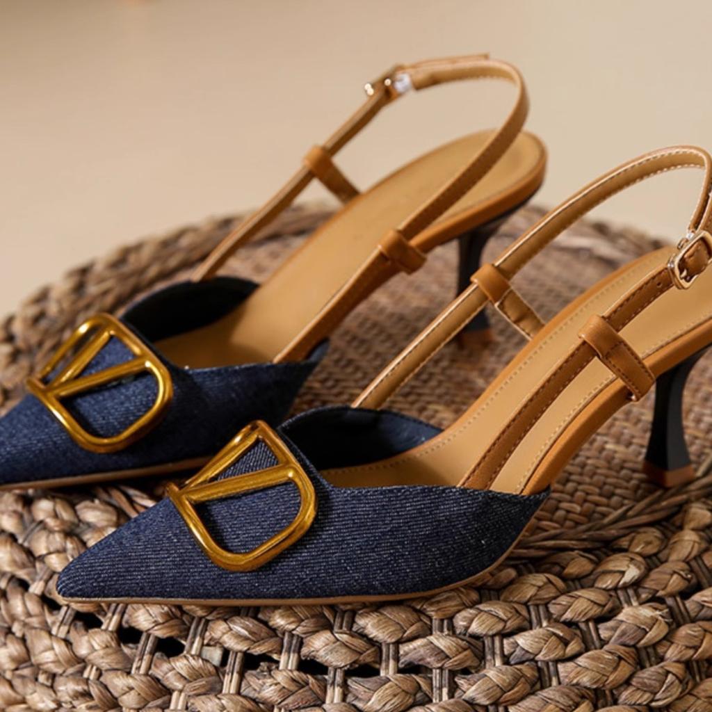 Light Luxury Bag Head Thin Heel Sandals Women's 2024 Summer New French Celebrity Shallow Mouth Pointed Denim High Heel