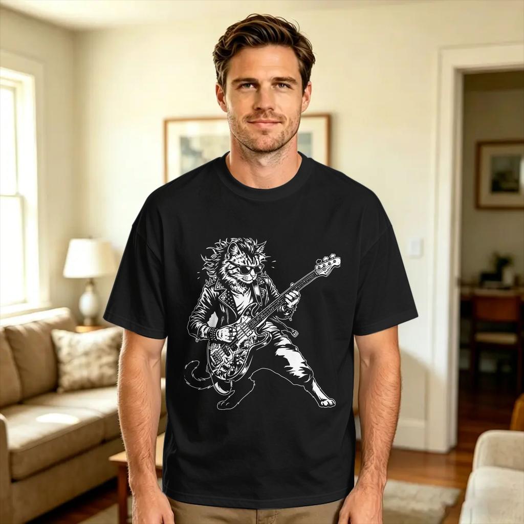 Oversized Tshirt Rocker Cat Punk Metal Rock And Roll Music Rock Cat Cotton Tshirts Novelty Tee Shirt For Unisex Summer Clothing