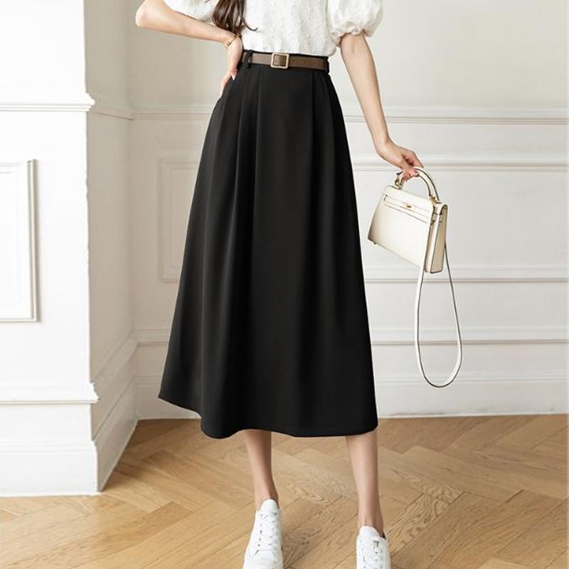 

Літні повсякденні спідниці з високою талією. Жіноча мода в корейському стилі. Однотонні універсальні жіночі елегантні довгі спідниці трапеції Faldas L чорний