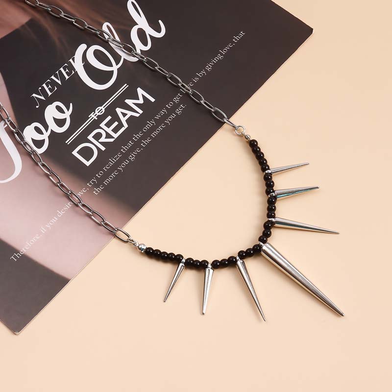 Punk Black Beads Rivet Choker Necklaces for Men Women Exaggerated Silver Color Metal Long Spike Tassel Necklaces Y2K Jewelry