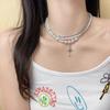 French multi-layer stacked pearl cross necklace with diamonds heavy industry choker necklace female sweet cool babes collarbone chain