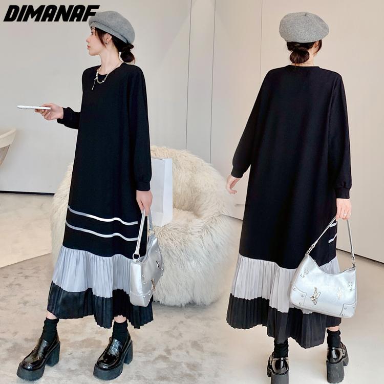 DIMANAF 2023 Plus Größe Frauen Herbst Winter Neue Lose Langarm Kleid Baumwolle Stricken Dicke Verstärktes Gefaltetes Hemd Kleid