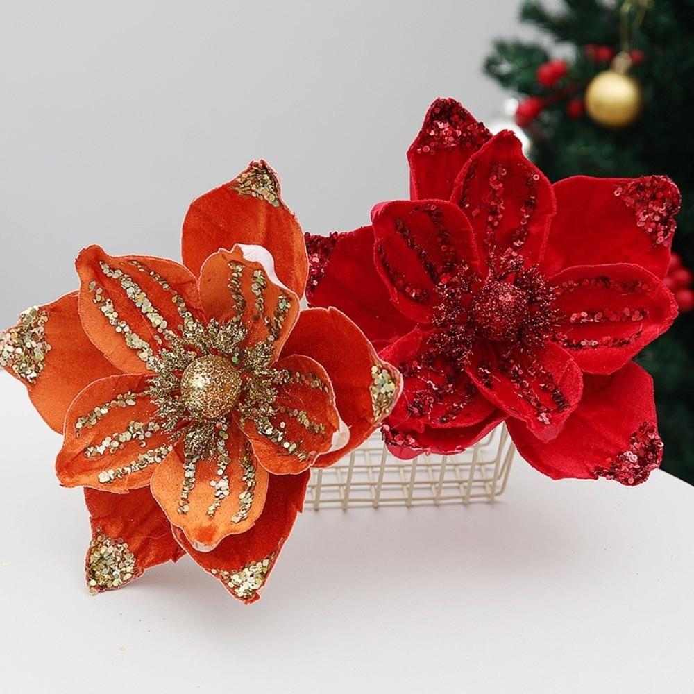 Sequin Artificial Poinsettia Glitter Flower 21cm 3D Simulation Magnolia  Wedding Party Decoration
