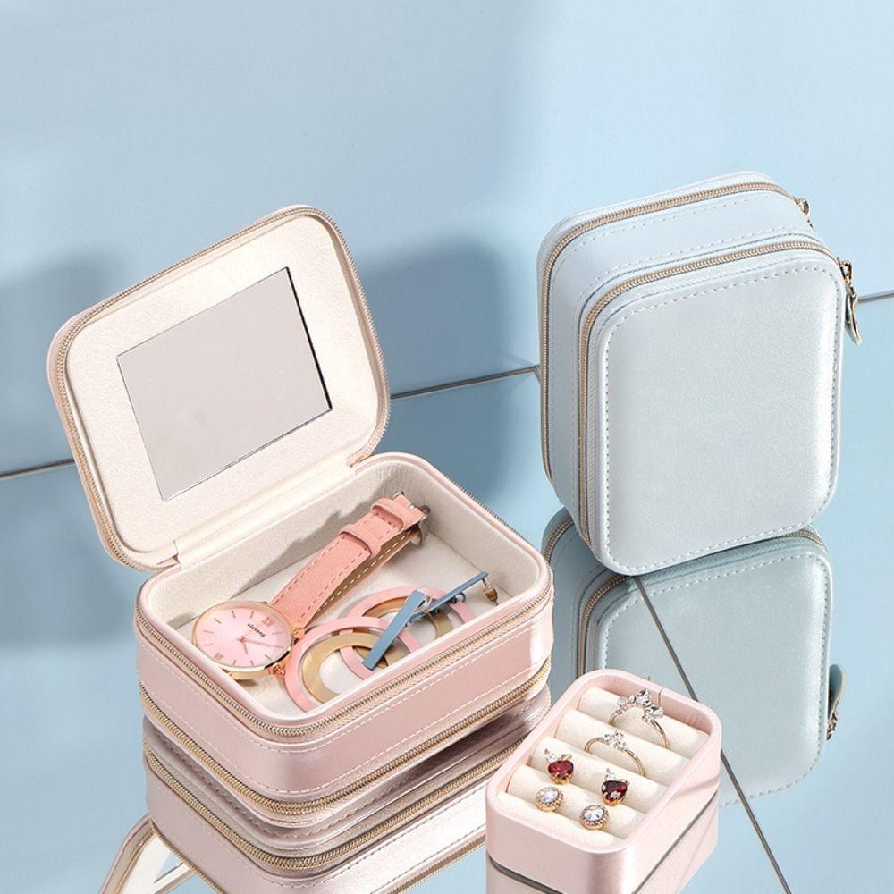 

with Mirror Jewelry Packing Bag Double Layer Rings Holder Portable Earring Storage Case Travel рожевий