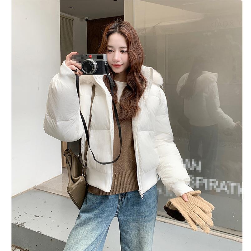 Small Waist Version of Down Cotton Jacket Women's Winter Short White Slim Detachable Fur Collar Jacket