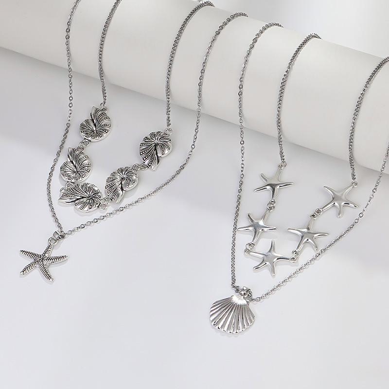 Layered Double-Layer Necklace: Summer Vacation Style with Shell, Starfish, and Conch Pendants