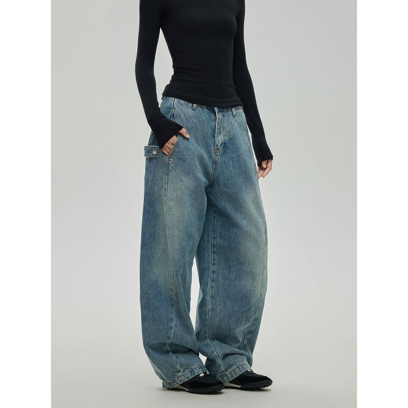 Black of Exit American High Street Style Split-Line Design Jeans Cleanfit Washed Blue Long Pants