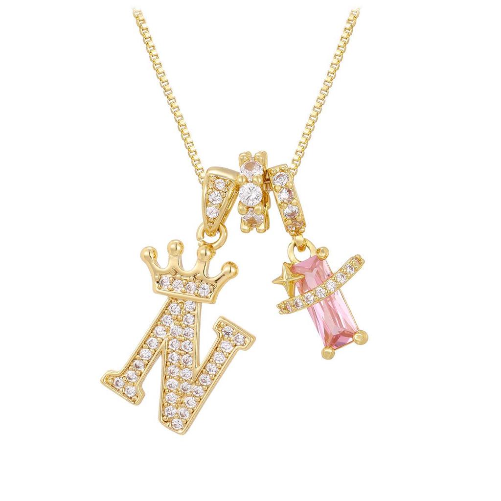 Copper Zirconia Letter Necklace with Gold-Plated Crown Pendant – Fashionable 26-Letter Accessory