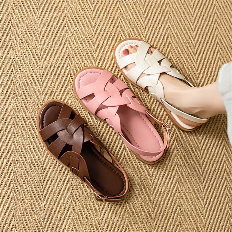 Fashion New Summer Sandals Split Leather Round Toe Sandals for Women Fashion Buckle Low Heel Sandals Ladies Shoes Women Gladiator Shoes