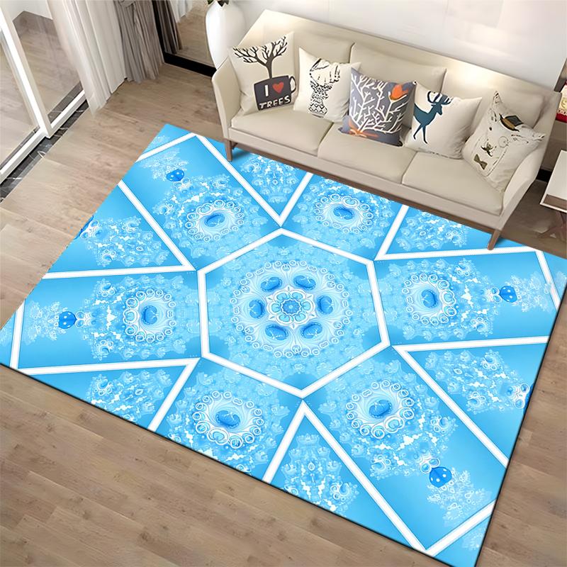 Geometric Blue Mandala Pattern Carpet with Floral Design for Home Decor Suitable for use as an anti-slip for living room bedroom sofas