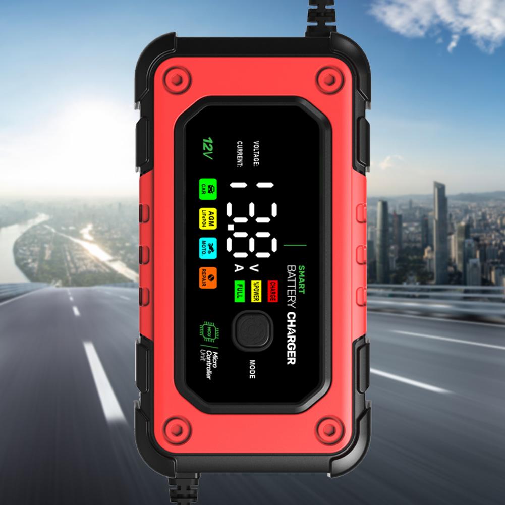 12V 7A Fully Automatic Smart Battery Charger LCD Display Power Pulse Repair Charger Large Screen for Car Motorcycle AGM GEL WET
