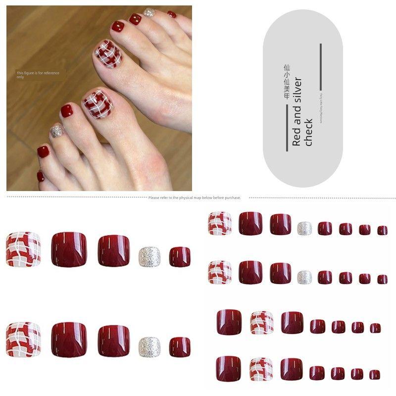 

Red Chessboard Plaid Toe Wear Nail Stickers Popular Elegant White Fakenails Finished Product Fake Nail Tip 313-Red and Silver Plaid