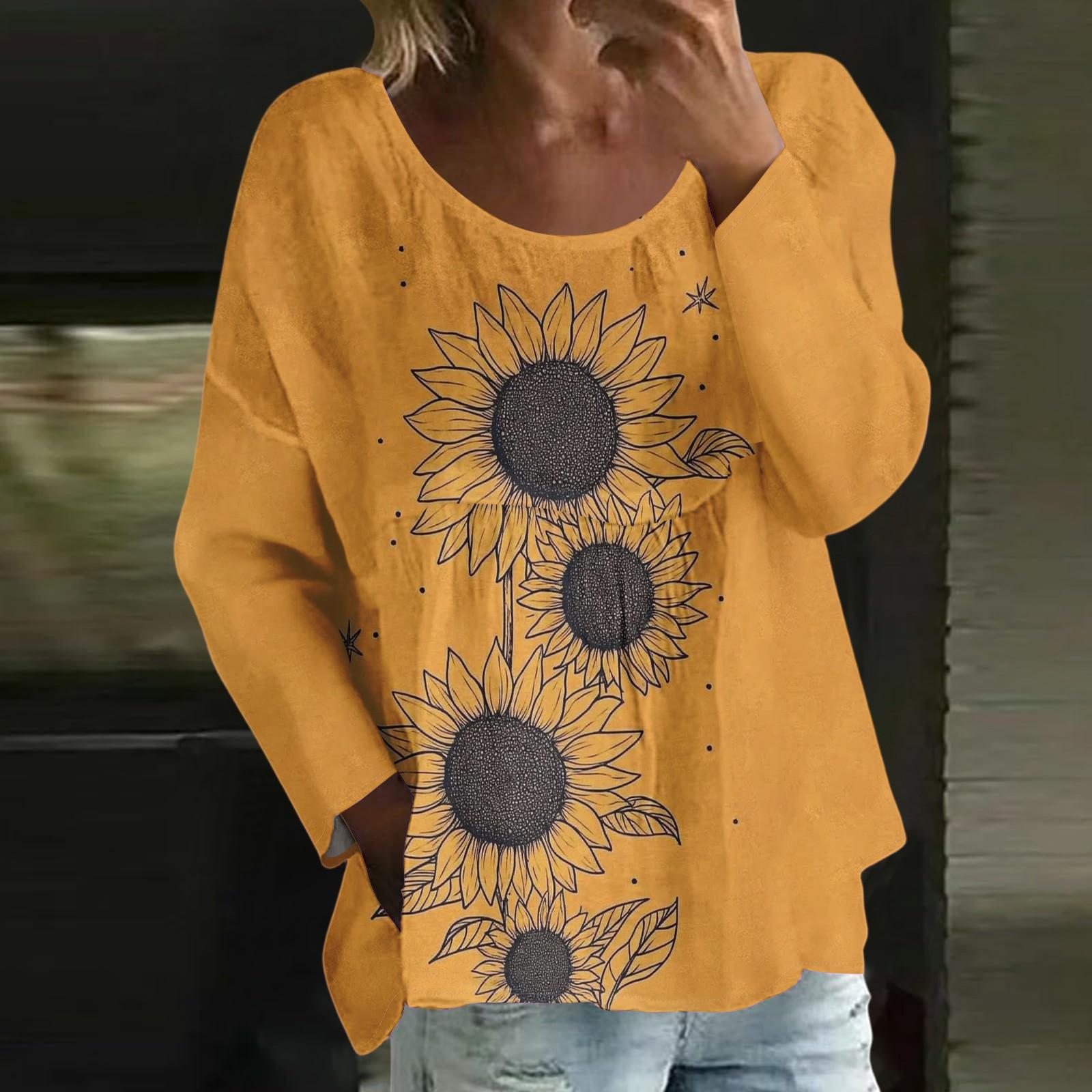 

Женский повседневный модный свободный топ с круглым вырезом и цветочным принтом, с длинным рукавом XL жёлтый