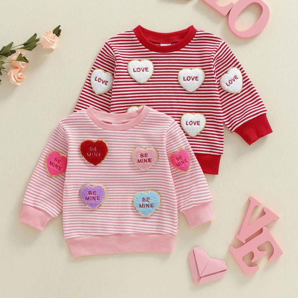 Kids Baby Girls Valentine's Day Sweatshirt Stripe Heart Embroidery Loose Fit Casual Crew Neck Long Sleeve Pullover