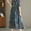 Women's V-neck Ramie Dress: Loose Fit, Short Sleeve, Side Drawstring Waist, Printed, Summer Fashion